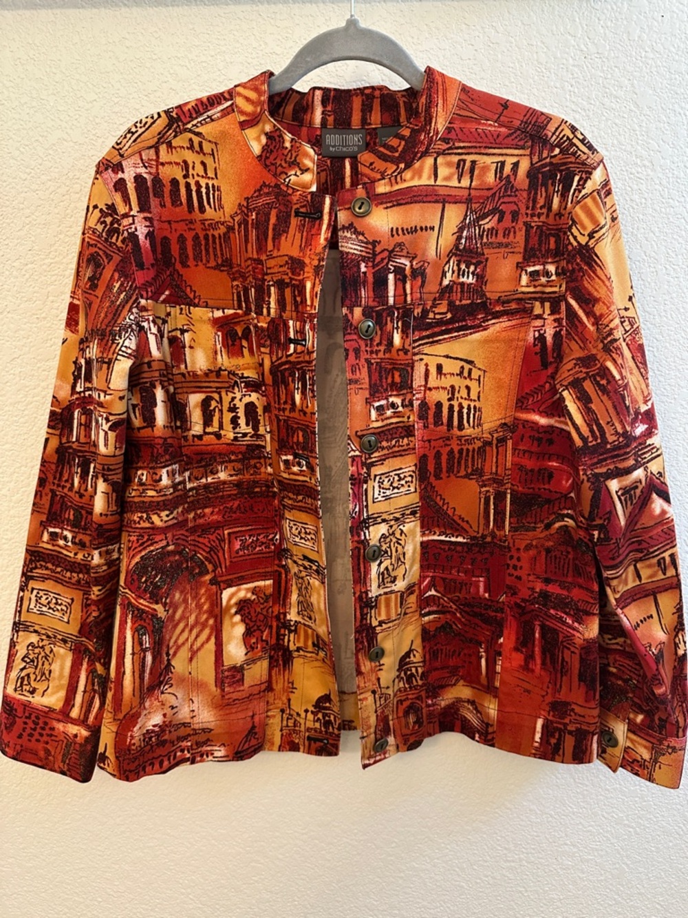 Chico's Multicolor Architectural Print Collarless Blazer in Red, Gold, Tan